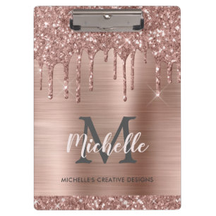 Monogrammed Elegant Pink Rose Gold Glitter Drips  Clipboard