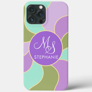 Monogrammed Elegant Purple Green Retro Sun Waves  iPhone 13 Pro Max Case