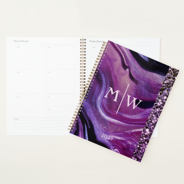 Monogrammed Elegant Purple Marble Glitter Luxury  Planner (Display)