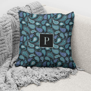 Monogrammed Elegant Retro Blue Paisley Pattern Throw Pillow