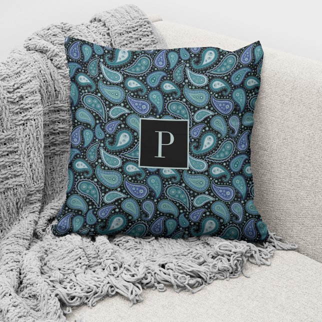 Monogrammed Elegant Retro Blue Paisley Pattern Throw Pillow (Creator Uploaded)
