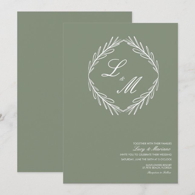 Monogrammed Elegant Script Branch Wedding Logo Invitation (Front/Back)