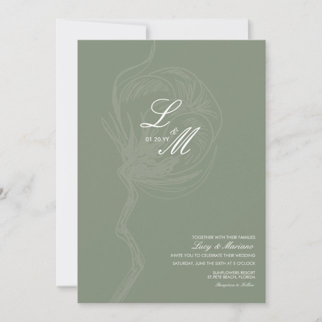 Monogrammed Elegant Script Cotton Flower Wedding I Invitation (Front)