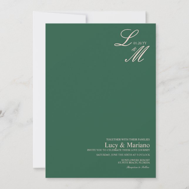 Monogrammed Elegant Script Green Pink Wedding Invitation (Front)