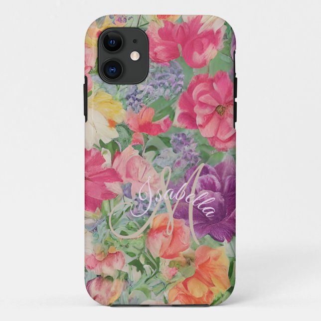 Monogrammed Elegant Summer Blooms Watercolor  Case-Mate iPhone Case (Back)