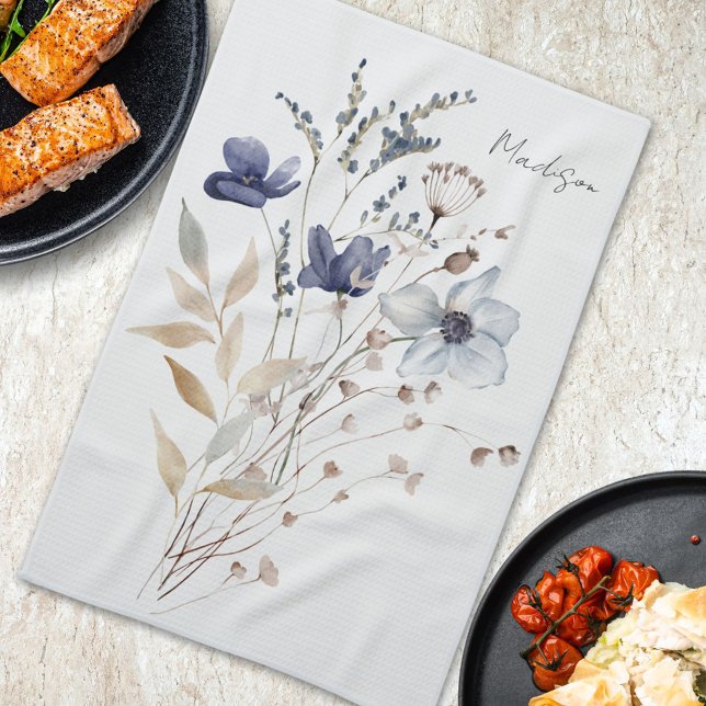 Monogrammed Elegant Watercolor Blue Wildflower Kitchen Towel (In situ)