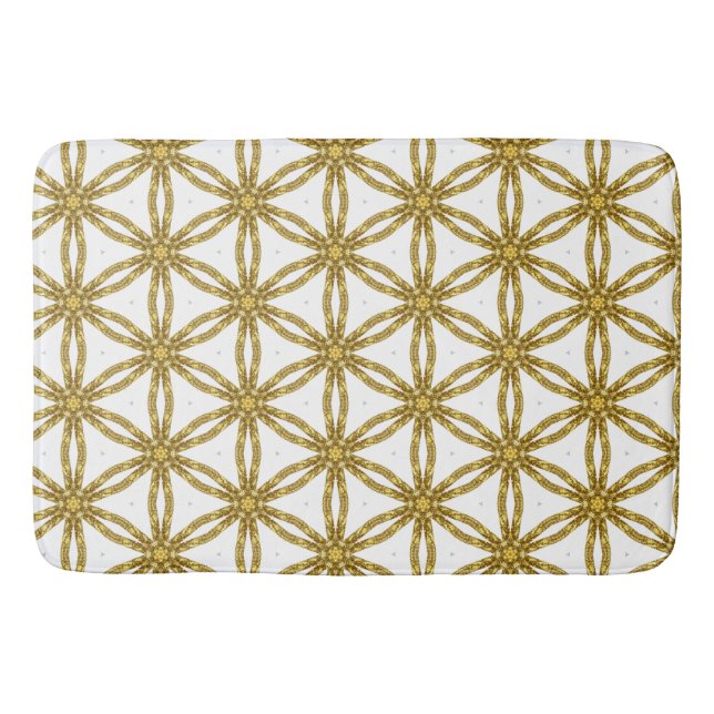 Monogrammed Elegant White and Gold Geometric  Bath Mat (Front)