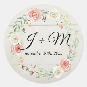 Monogrammed Envelope Rustic Wood Blush Rose Floral Classic Round Sticker