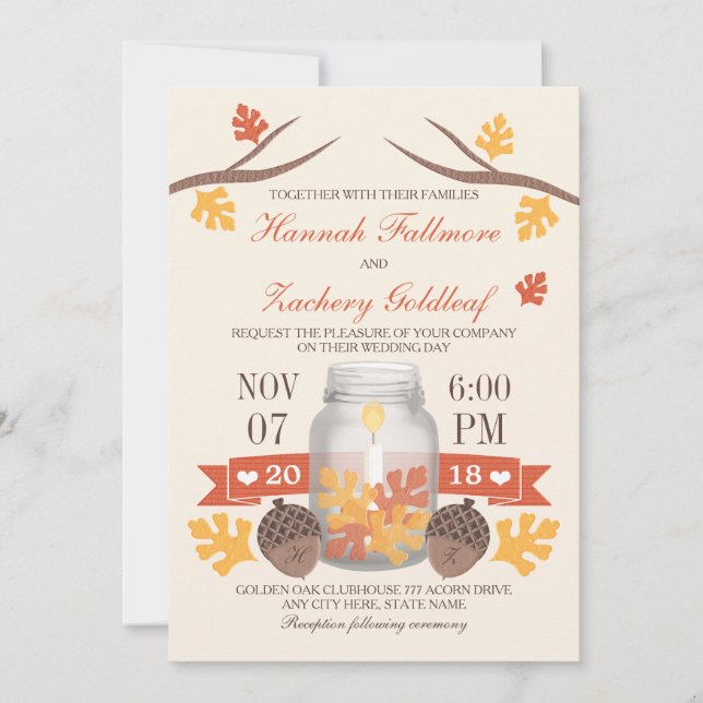 Monogrammed Fall Leaf Mason Jar Wedding Invitation (Front)