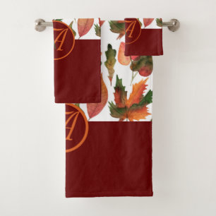Monogrammed Fall Leaves Burgundy Autumn Decor Bath Towel Set