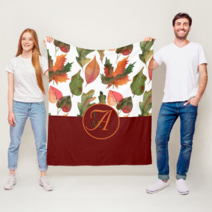 Monogrammed Fall Leaves Burgundy Autumn Decor Fleece Blanket