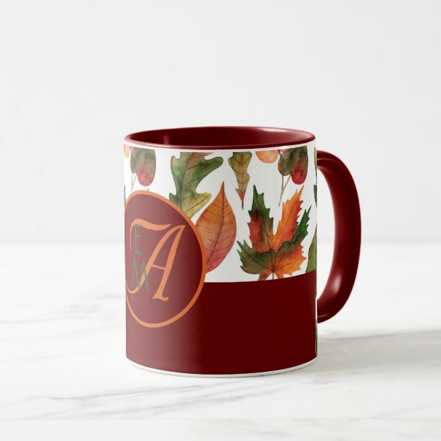 Monogrammed Fall Leaves Burgundy Autumn Decor Mug (Front Right)