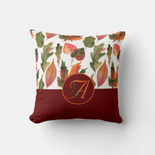 Monogrammed Fall Leaves Burgundy Autumn Decor Throw Pillow