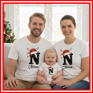 Monogrammed Family Christmas Antlers Santa Hat T-Shirt