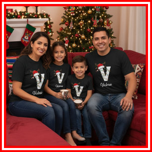 Monogrammed Family Christmas Antlers Santa Hat T-Shirt