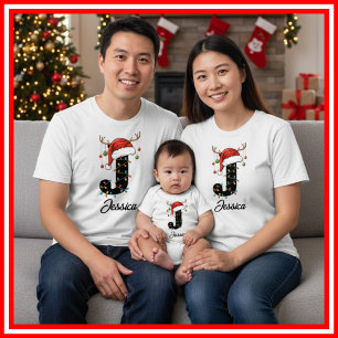 Monogrammed Family Christmas Antlers Santa Hat T-Shirt