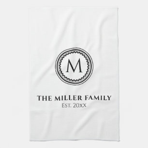 Monogrammed   Family Name   Black White & Gray Kitchen Towel