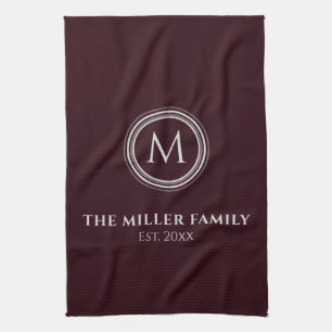 Monogrammed Family Name Burgundy & Grey Kitchen Towel