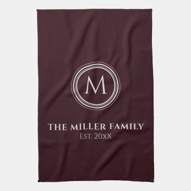 Monogrammed | Family Name | Burgundy & Grey Kitchen Towel (Vertical)