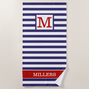 Monogrammed Family Name Red Blue Cabana Stripe    Beach Towel