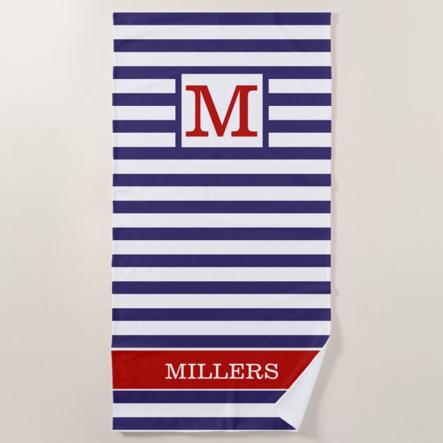 Monogrammed Family Name Red Blue Cabana Stripe    Beach Towel (Front)