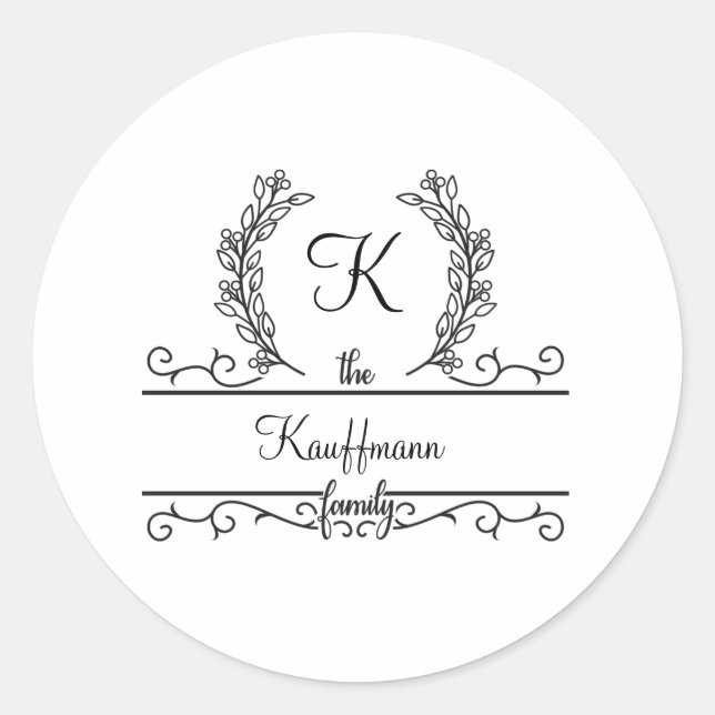 Monogrammed Family Name Script Flourish Leaves Classic Round Sticker (Front)