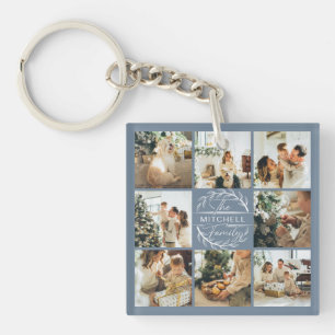 Monogrammed Family Photo Collage Cute Dusty Blue  Keychain