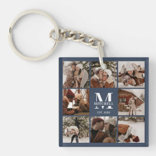 Monogrammed Family Photo Collage Modern Navy Blue Keychain