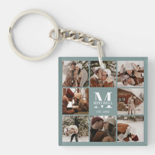 Monogrammed Family Photo Collage Modern Sage Green Keychain