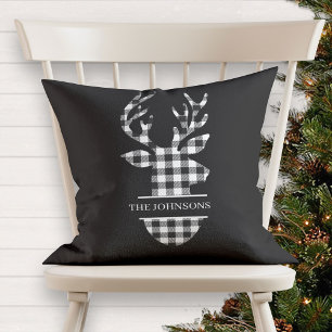 Monogrammed Farmhouse Black & White Plaid Deer Throw Pillow