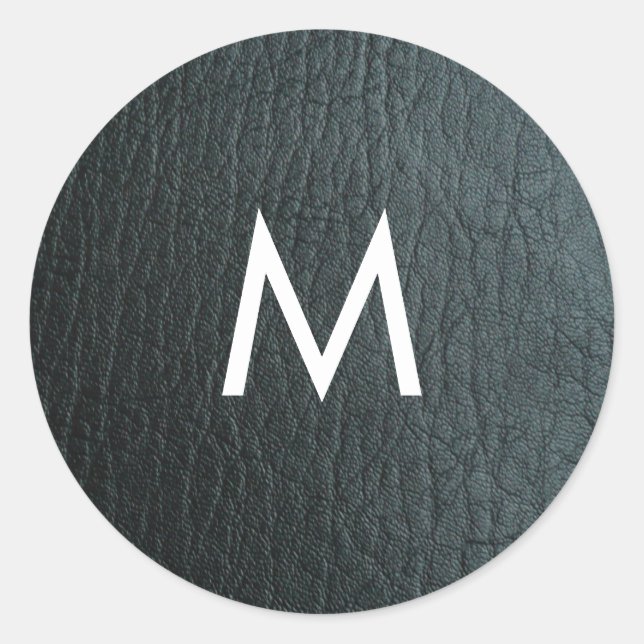 Monogrammed Faux Black Leather Texture Classic Round Sticker (Front)