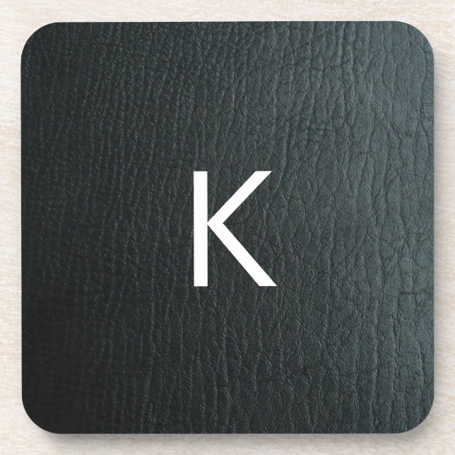 Monogrammed Faux Black Leather Texture Coaster (Front)