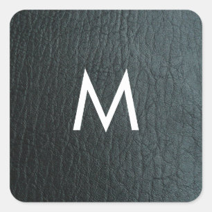 Monogrammed Faux Black Leather Texture Square Sticker