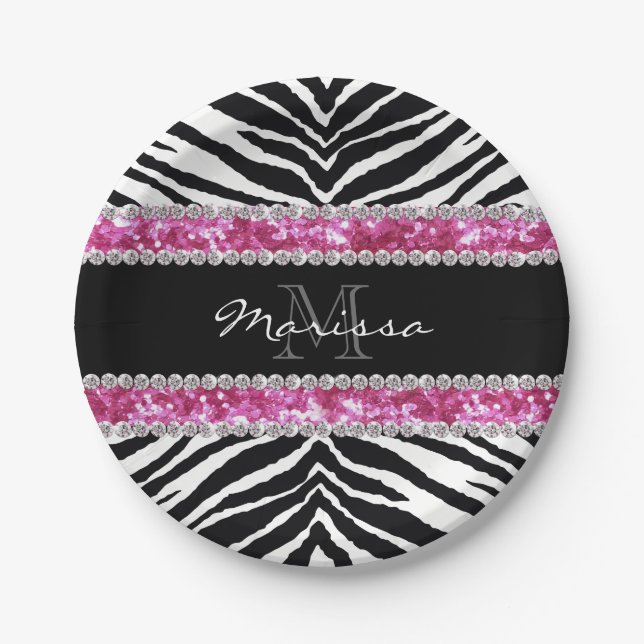 Monogrammed Faux Glitter Bling Rhinestone Girl's Paper Plate (Front)