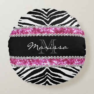 Monogrammed Faux Glitter Bling Rhinestone Girl's Round Pillow