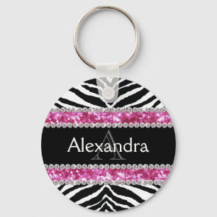 Monogrammed Faux Glitter Bling Zebra Girls Name ID Keychain