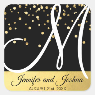 Monogrammed Faux Gold Foil Black Wedding Square Sticker