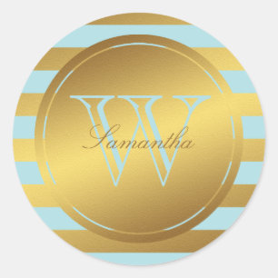 Monogrammed Faux Gold Foil Stripes Classic Round Sticker
