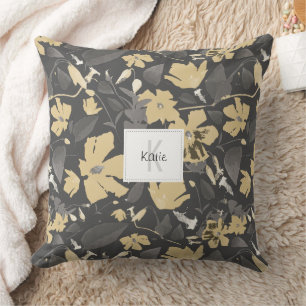 Monogrammed Feminine Gold Grey Floral Pattern Throw Pillow