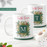 Monogrammed, Festive Greenery and Holiday Cookies Coffee Mug<br><div class="desc">Personalize this gorgeous holiday mug with your initial and make it you very own! Elegant and festive hand painted watercolor greenery and holiday bird and Christmas tree decorated cookies surrounding green monogram square with your initial on the centre in white. Green stripe on the bottom, and on the top beautiful...</div>