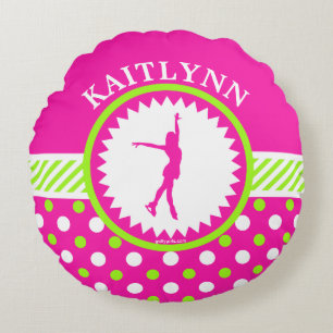Monogrammed Figure Skater Pink - Green Polka-Dots Round Pillow