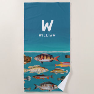 Monogrammed Fish Under Blue Ocean Beach Towel