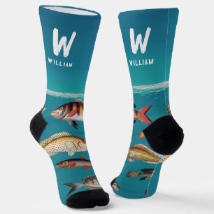 Monogrammed Fish Under Blue Ocean  Socks