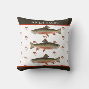Monogrammed Fishermen Fly Fishing Brook Trout Throw Pillow