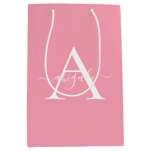 Monogrammed Flamingo Pink | Minimalist Elegant Medium Gift Bag (Front)