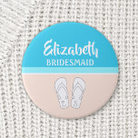 Monogrammed Flip-Flops Beach Wedding Bridesmaid 2 Inch Round Button<br><div class="desc">Bridesmaids will love a cute and chic personalized button as a keepsake gift for a beach wedding. All text is simple to customize. This pin is a stylish accessory for a bridal shower, bachelorette party, or rehearsal dinner. Pastel coral and light turquoise blue design features bright white typography, name, initials,...</div>