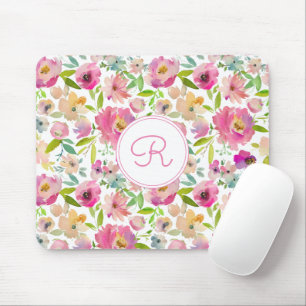 Monogrammed Floral Boho Pastel Watercolor Mouse Pad