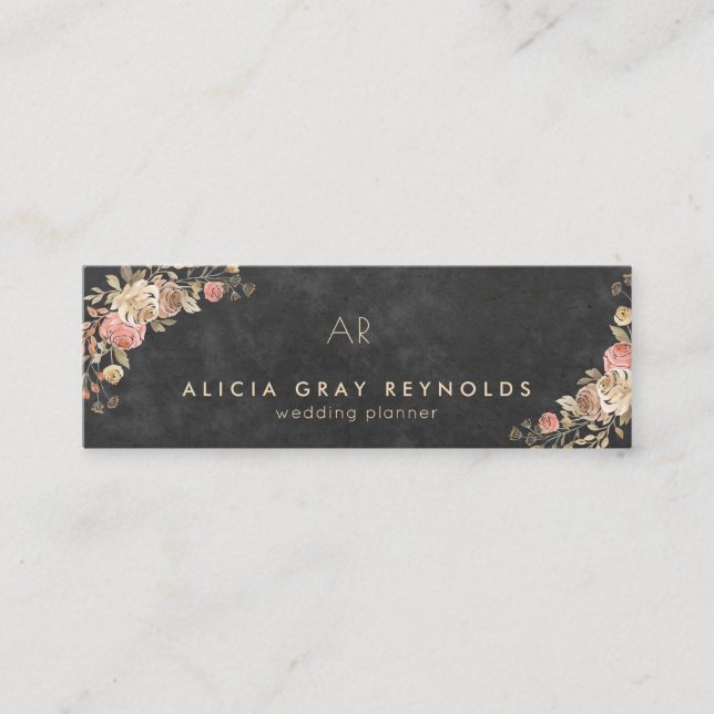 Monogrammed floral elegant chalk wedding planner mini business card (Front)