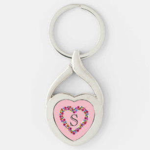 Monogrammed Floral Heart in Rose Pink Keychain