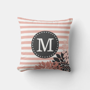 Monogrammed Floral Pink White Stripes Pattern Throw Pillow
